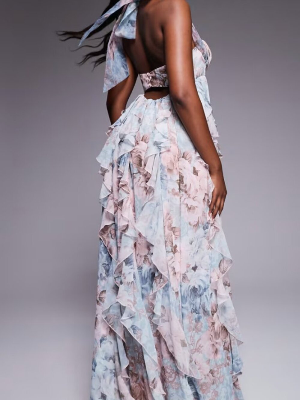 ASOS LUXE Halter Maxi Dress with Waterfall Ruffles – Lace Floral Print - Picture 4 of 13